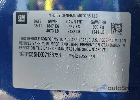 2012 Chevrolet Cruze Ls z USA, uszkodzony, nr VIN 1G1PC5SHXC7136758